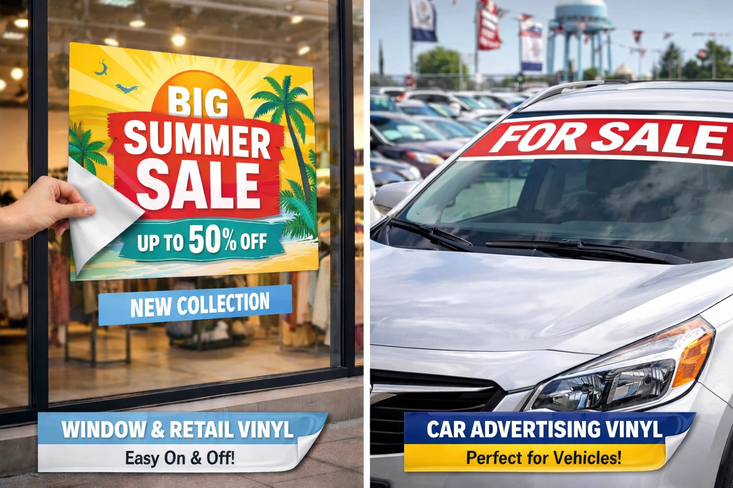 Two images showing window vinyl with summer sale and car advertising vinyl.