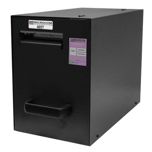 Black industrial device with Microcom branding on a white background