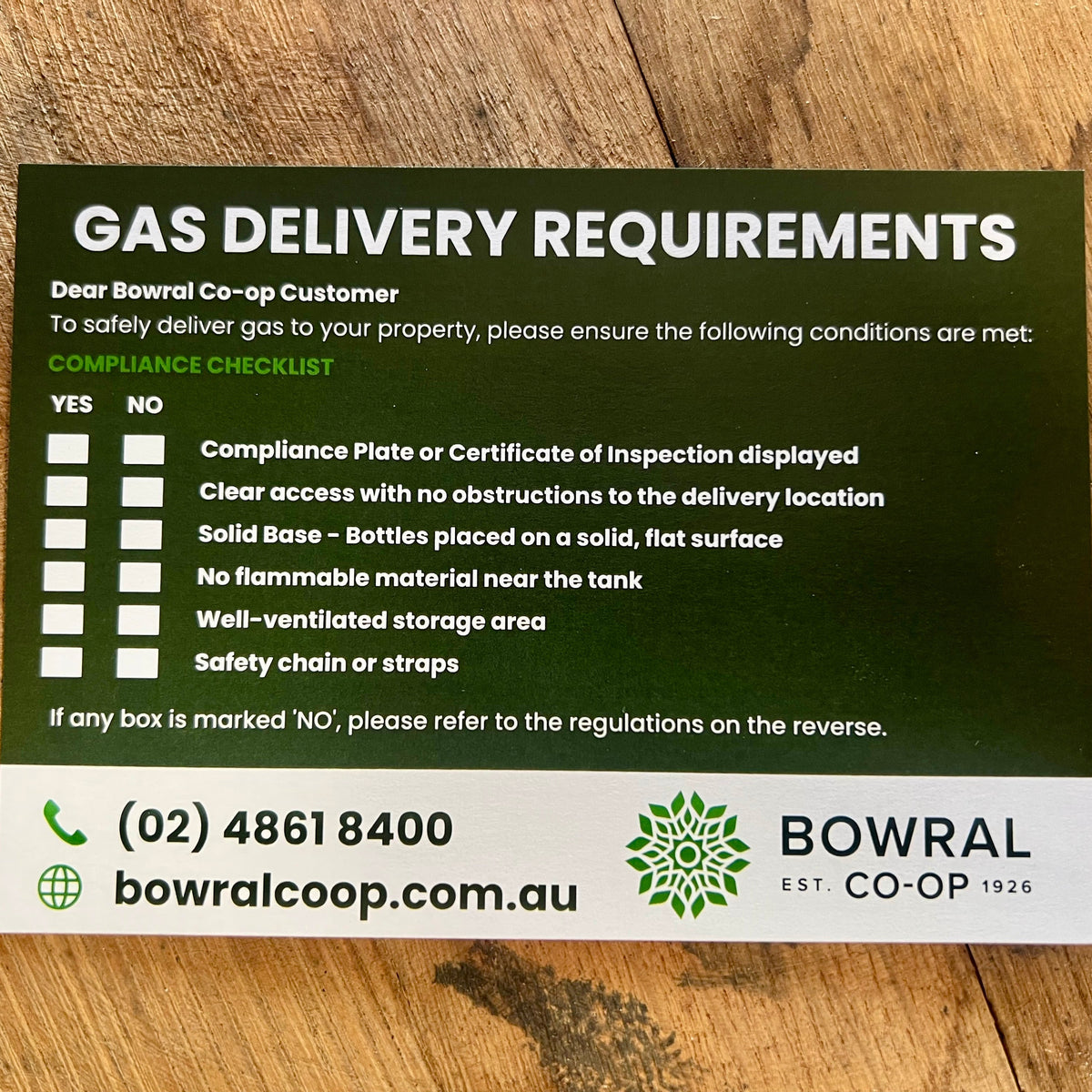 Gas delivery requirements checklist for Bowral Co-op