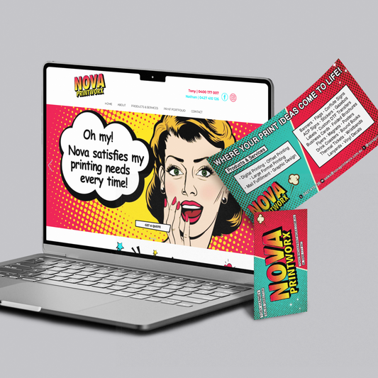 Laptop displaying a colorful Nova print services website with printed materials on a gray background