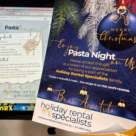 Computer screen displaying a pasta recipe card with a Christmas-themed promotional card for Pasta Night on Us.