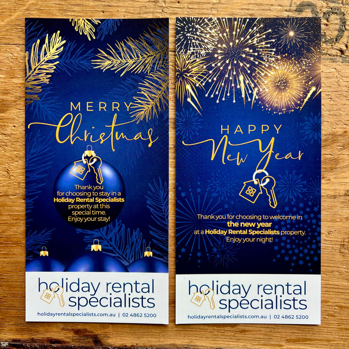 Two Christmas-themed promotional cards for holiday rental specialists